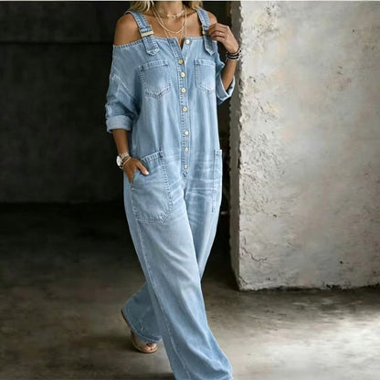 👗✨ Macacão feminino jeans de ombro à mostra com caimento largo que valoriza o corpo com estilo moderno
