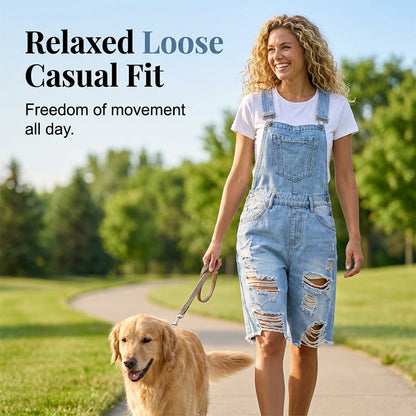🩳 DESCONTO DE 50% POR TEMPO LIMITADO! 💥 Calções-macacão de ganga com efeito desgastado para mulher – Design rasgado, vários bolsos, estilo casual ✨
