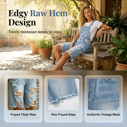 🩳 DESCONTO DE 50% POR TEMPO LIMITADO! 💥 Calções-macacão de ganga com efeito desgastado para mulher – Design rasgado, vários bolsos, estilo casual ✨