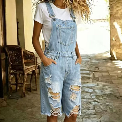 🩳 DESCONTO DE 50% POR TEMPO LIMITADO! 💥 Calções-macacão de ganga com efeito desgastado para mulher – Design rasgado, vários bolsos, estilo casual ✨
