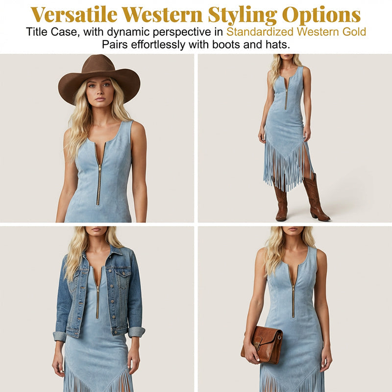 ✨ Vestido justo sem mangas com franjas, estilo western retro – bainha com franjas, fecho de correr à frente, estilo cowgirl 🌵