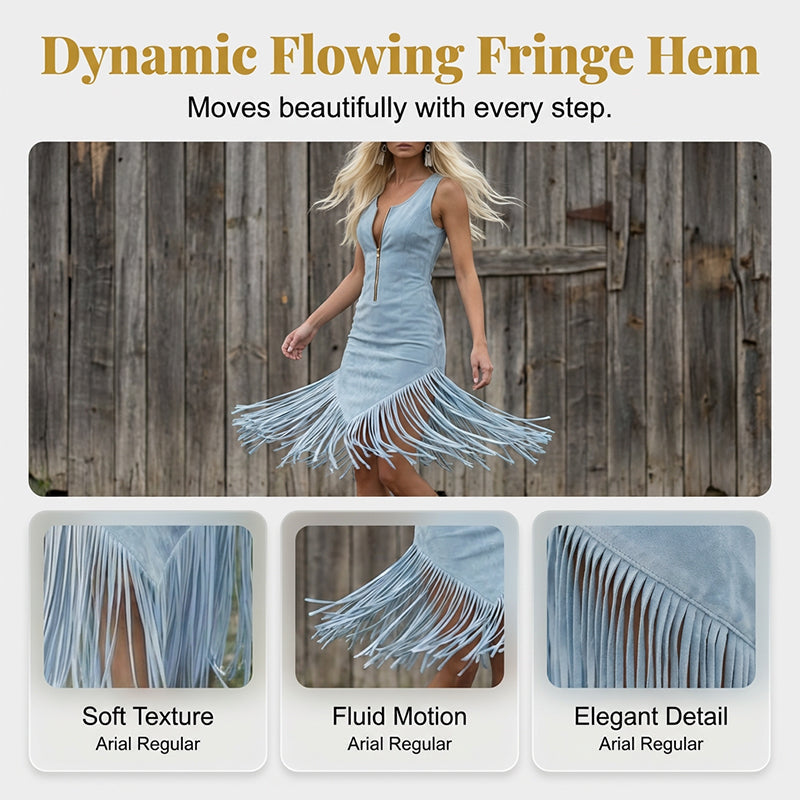 ✨ Vestido justo sem mangas com franjas, estilo western retro – bainha com franjas, fecho de correr à frente, estilo cowgirl 🌵