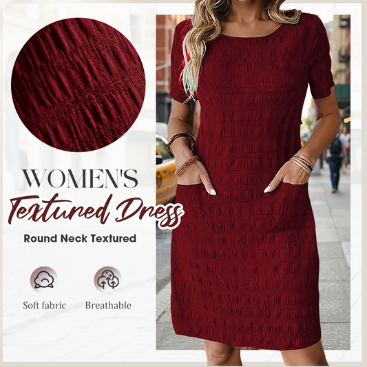 ✨👗Vestido feminino com gola redonda, textura e comprimento até ao joelho