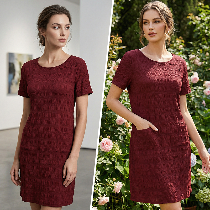 ⌛Limited-Time Offer-Women's Round Neck Textured Knee-Length Dress