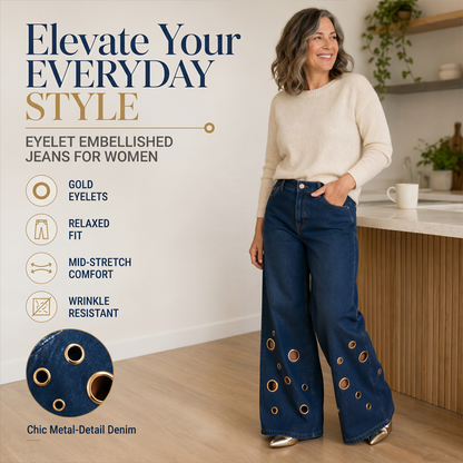 👖✨ Calças de ganga retas elásticas de cintura alta em tamanhos grandes – 50% de desconto! Corte vintage de perna larga, detalhes com argolas metálicas, fecho com botões – conforto para todas as estações e para todos os tipos de corpo.