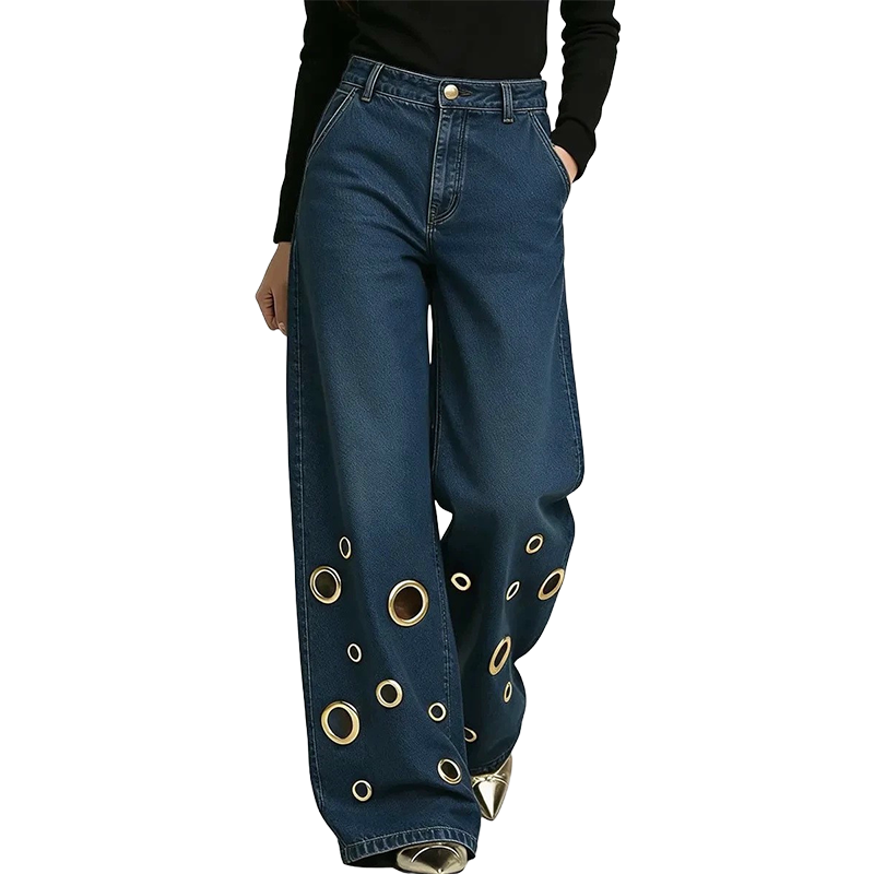 👖✨ Calças de ganga retas elásticas de cintura alta em tamanhos grandes – 50% de desconto! Corte vintage de perna larga, detalhes com argolas metálicas, fecho com botões – conforto para todas as estações e para todos os tipos de corpo.