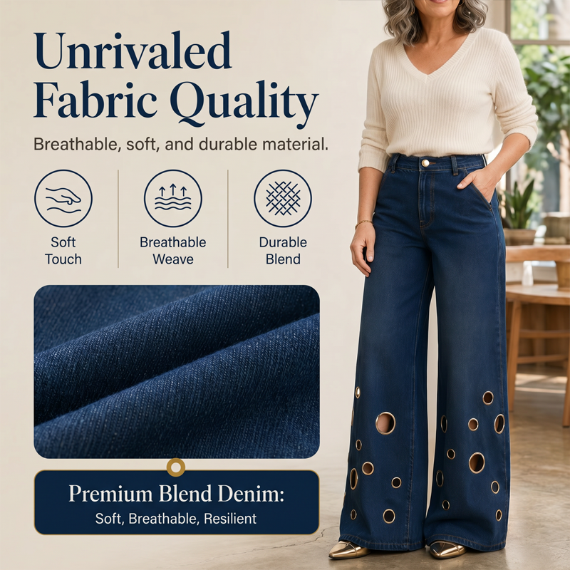 👖✨ Calças de ganga retas elásticas de cintura alta em tamanhos grandes – 50% de desconto! Corte vintage de perna larga, detalhes com argolas metálicas, fecho com botões – conforto para todas as estações e para todos os tipos de corpo.