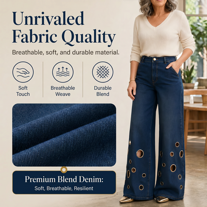 👖✨ Calças de ganga retas elásticas de cintura alta em tamanhos grandes – 50% de desconto! Corte vintage de perna larga, detalhes com argolas metálicas, fecho com botões – conforto para todas as estações e para todos os tipos de corpo.