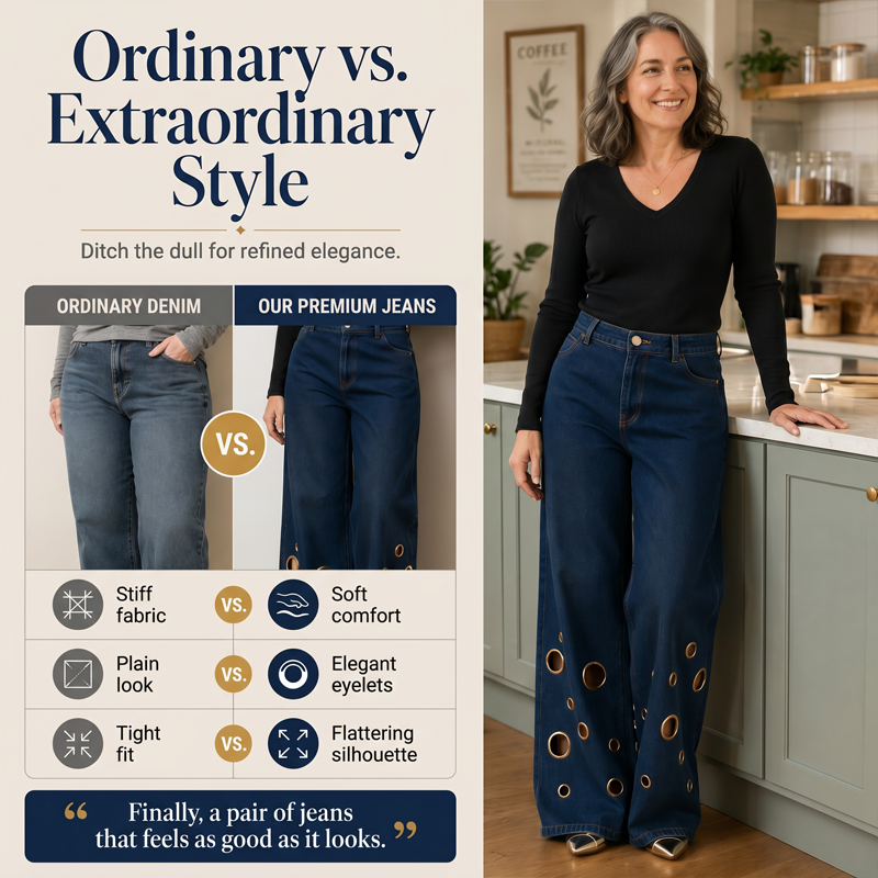 👖✨ Calças de ganga retas elásticas de cintura alta em tamanhos grandes – 50% de desconto! Corte vintage de perna larga, detalhes com argolas metálicas, fecho com botões – conforto para todas as estações e para todos os tipos de corpo.