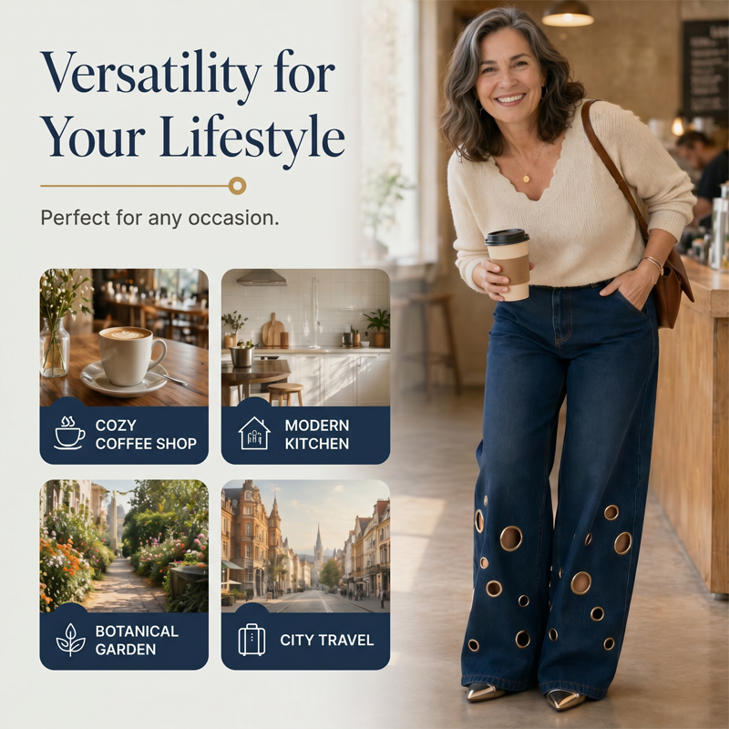 👖✨ Calças de ganga retas elásticas de cintura alta em tamanhos grandes – 50% de desconto! Corte vintage de perna larga, detalhes com argolas metálicas, fecho com botões – conforto para todas as estações e para todos os tipos de corpo.
