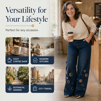 👖✨ Calças de ganga retas elásticas de cintura alta em tamanhos grandes – 50% de desconto! Corte vintage de perna larga, detalhes com argolas metálicas, fecho com botões – conforto para todas as estações e para todos os tipos de corpo.