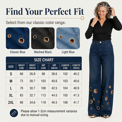 👖✨ Calças de ganga retas elásticas de cintura alta em tamanhos grandes – 50% de desconto! Corte vintage de perna larga, detalhes com argolas metálicas, fecho com botões – conforto para todas as estações e para todos os tipos de corpo.