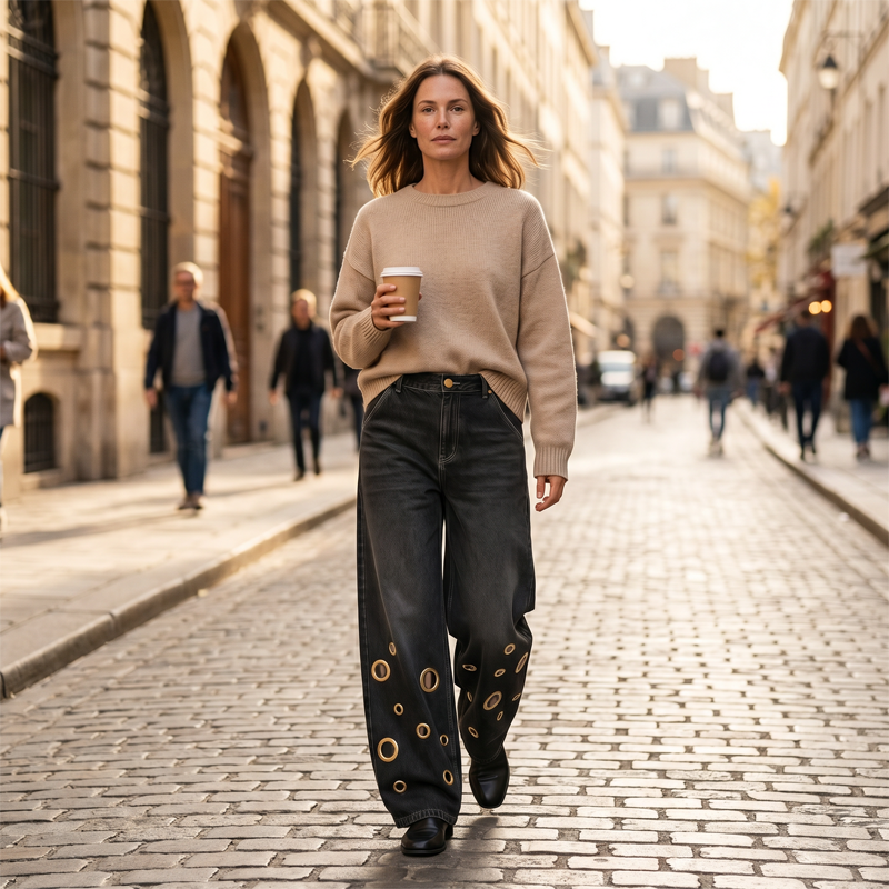 👖✨ Calças de ganga retas elásticas de cintura alta em tamanhos grandes – 50% de desconto! Corte vintage de perna larga, detalhes com argolas metálicas, fecho com botões – conforto para todas as estações e para todos os tipos de corpo.