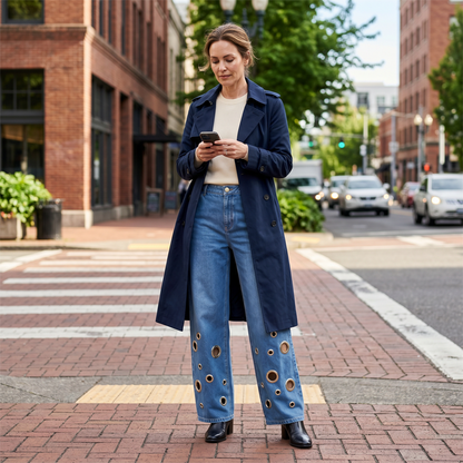👖✨ Calças de ganga retas elásticas de cintura alta em tamanhos grandes – 50% de desconto! Corte vintage de perna larga, detalhes com argolas metálicas, fecho com botões – conforto para todas as estações e para todos os tipos de corpo.