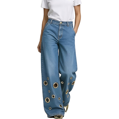 👖✨ Calças de ganga retas elásticas de cintura alta em tamanhos grandes – 50% de desconto! Corte vintage de perna larga, detalhes com argolas metálicas, fecho com botões – conforto para todas as estações e para todos os tipos de corpo.