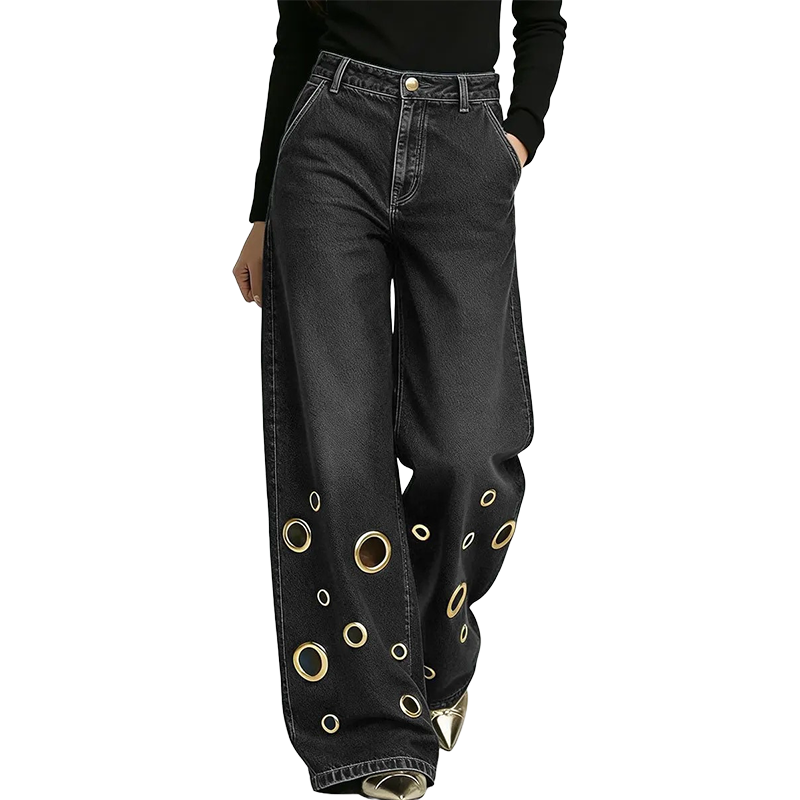 👖✨ Calças de ganga retas elásticas de cintura alta em tamanhos grandes – 50% de desconto! Corte vintage de perna larga, detalhes com argolas metálicas, fecho com botões – conforto para todas as estações e para todos os tipos de corpo.