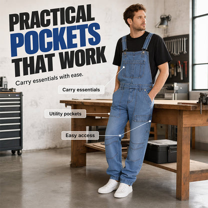 ✨👖 Macacão Jeans Masculino Casual – Conforto, Bolsos Práticos e Estilo Vintage Durável