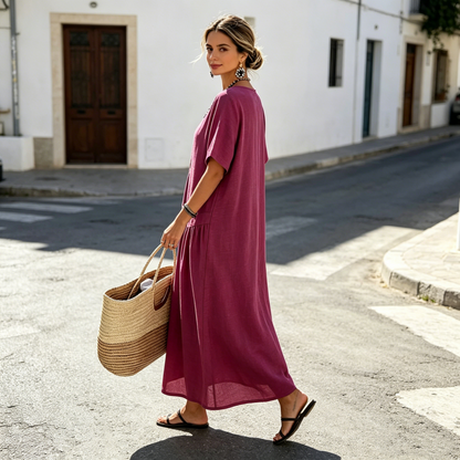 ✨👗Vestido maxi de manga curta com botões à frente para mulher