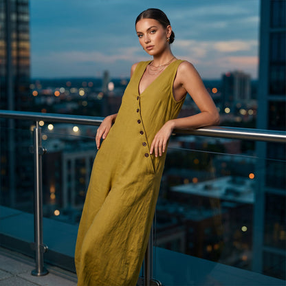 ✨👗Macacão sem mangas com decote em V e bolsos para mulher