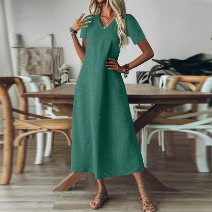✨👗Vestido maxi de manga curta e decote em V para mulher