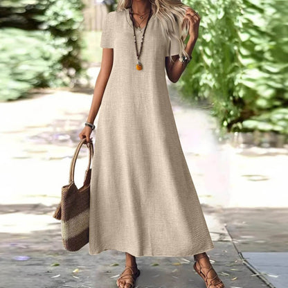 ✨👗Vestido maxi de manga curta e decote em V para mulher