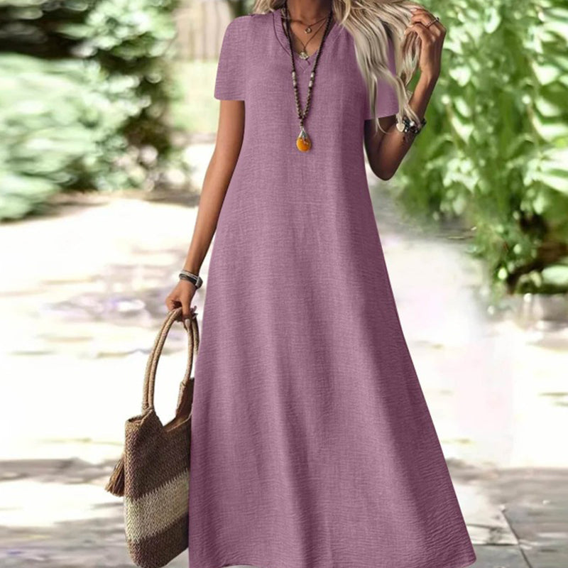 ✨👗Vestido maxi de manga curta e decote em V para mulher