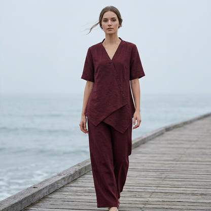 ✨👗Conjunto de top assimétrico e calças largas para mulher