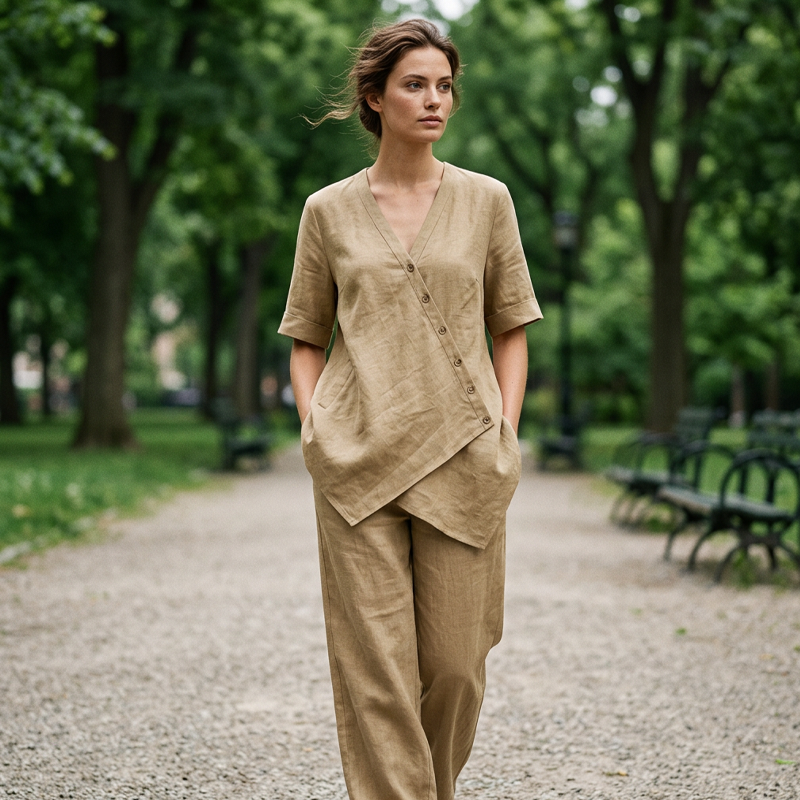 ✨👗Conjunto de top assimétrico e calças largas para mulher