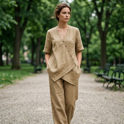 ✨👗Conjunto de top assimétrico e calças largas para mulher