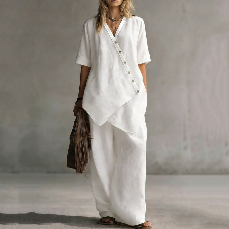 ✨👗Conjunto de top assimétrico e calças largas para mulher