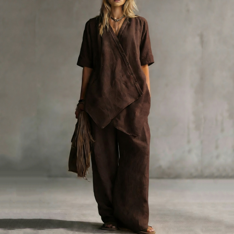 ✨👗Conjunto de top assimétrico e calças largas para mulher