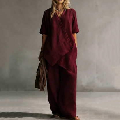 ✨👗Conjunto de top assimétrico e calças largas para mulher