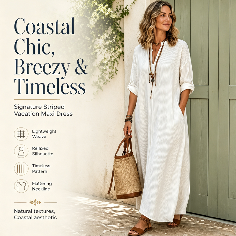 ✨👗 Vestido Longo Feminino Listrado com Decote em V – Elegante, Leve e Perfeito para o Verão