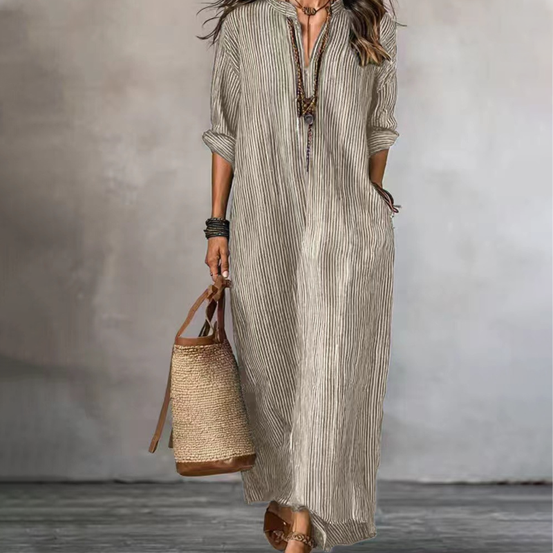 ✨👗 Vestido Longo Feminino Listrado com Decote em V – Elegante, Leve e Perfeito para o Verão
