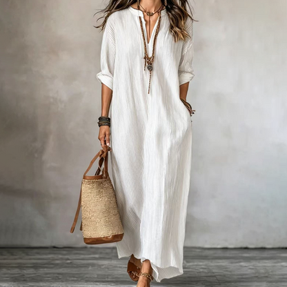 ✨👗 Vestido Longo Feminino Listrado com Decote em V – Elegante, Leve e Perfeito para o Verão