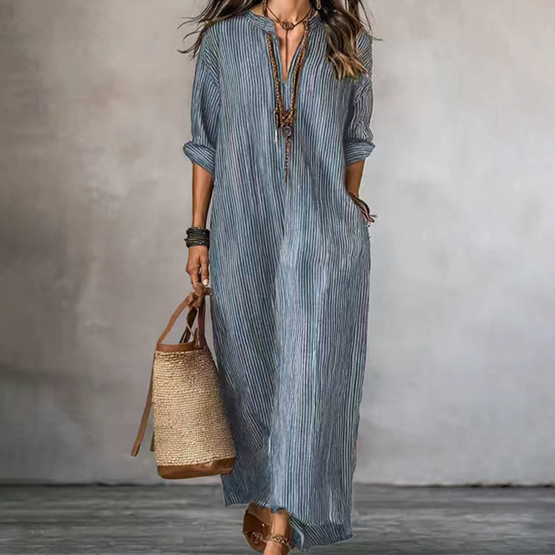 ✨👗 Vestido Longo Feminino Listrado com Decote em V – Elegante, Leve e Perfeito para o Verão