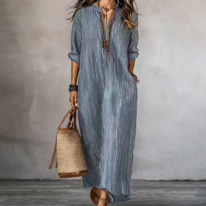 ✨👗 Vestido Longo Feminino Listrado com Decote em V – Elegante, Leve e Perfeito para o Verão