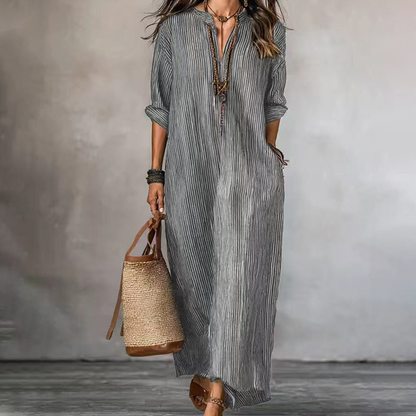 ✨👗 Vestido Longo Feminino Listrado com Decote em V – Elegante, Leve e Perfeito para o Verão