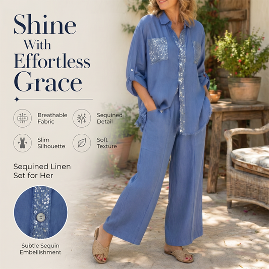 ✨👗Conjunto de camisa com lantejoulas e calças largas para mulher