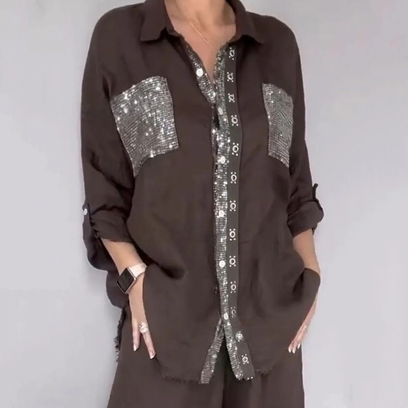 ✨👗Conjunto de camisa com lantejoulas e calças largas para mulher