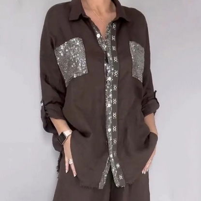 ✨👗Conjunto de camisa com lantejoulas e calças largas para mulher