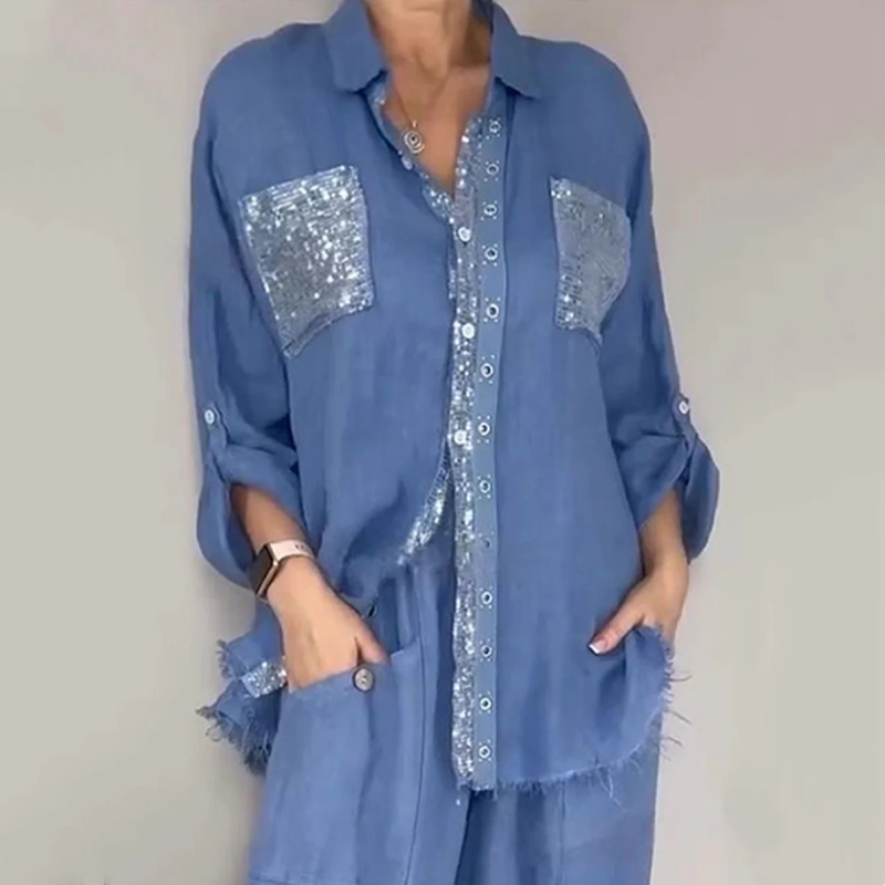 ✨👗Conjunto de camisa com lantejoulas e calças largas para mulher