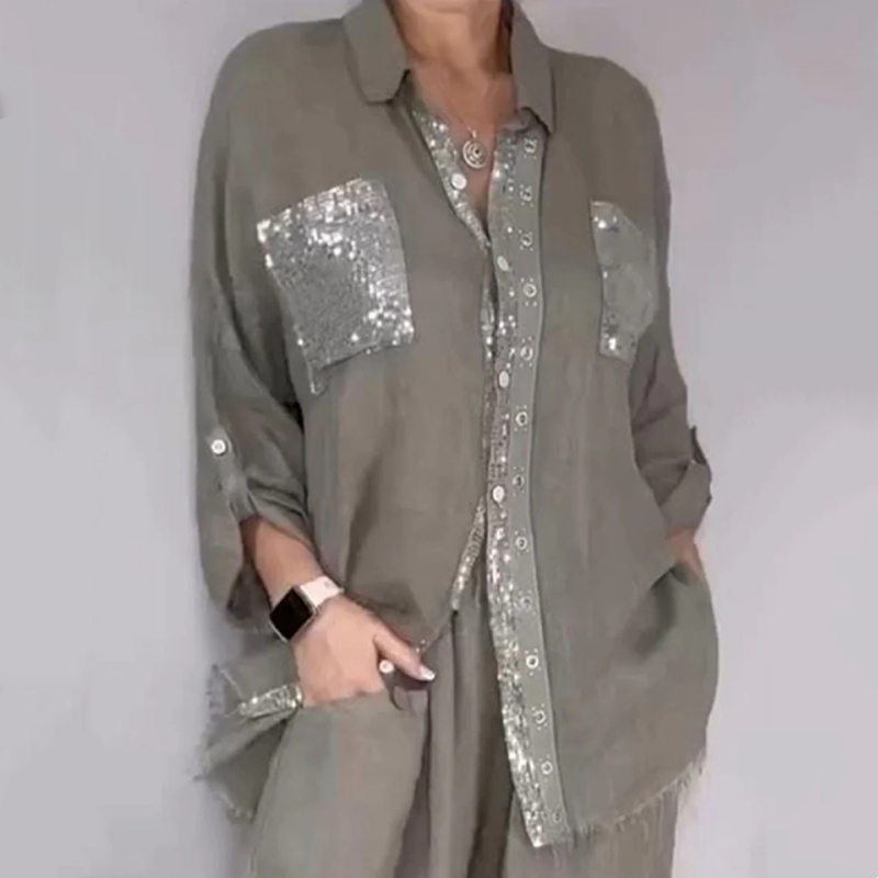 ✨👗Conjunto de camisa com lantejoulas e calças largas para mulher