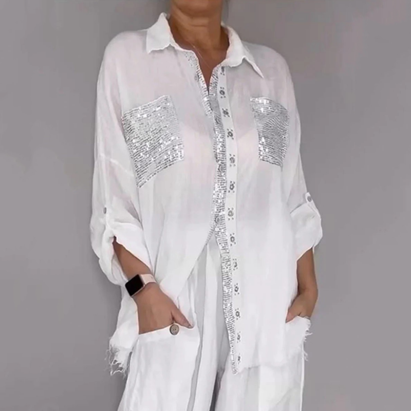 ✨👗Conjunto de camisa com lantejoulas e calças largas para mulher