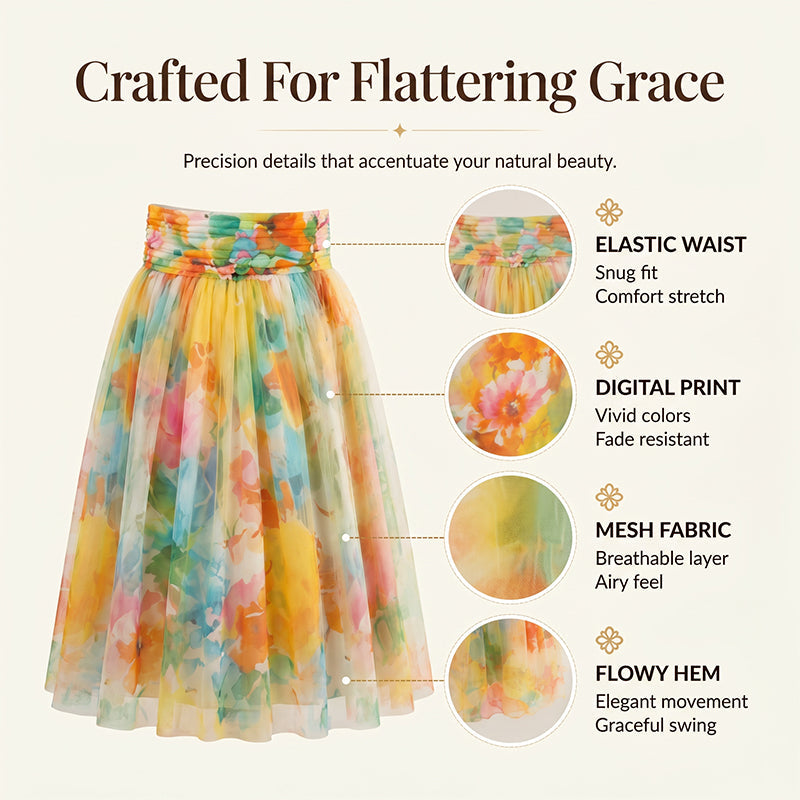 ✨👗Saia midi de tule com estampado floral em aquarela para mulher