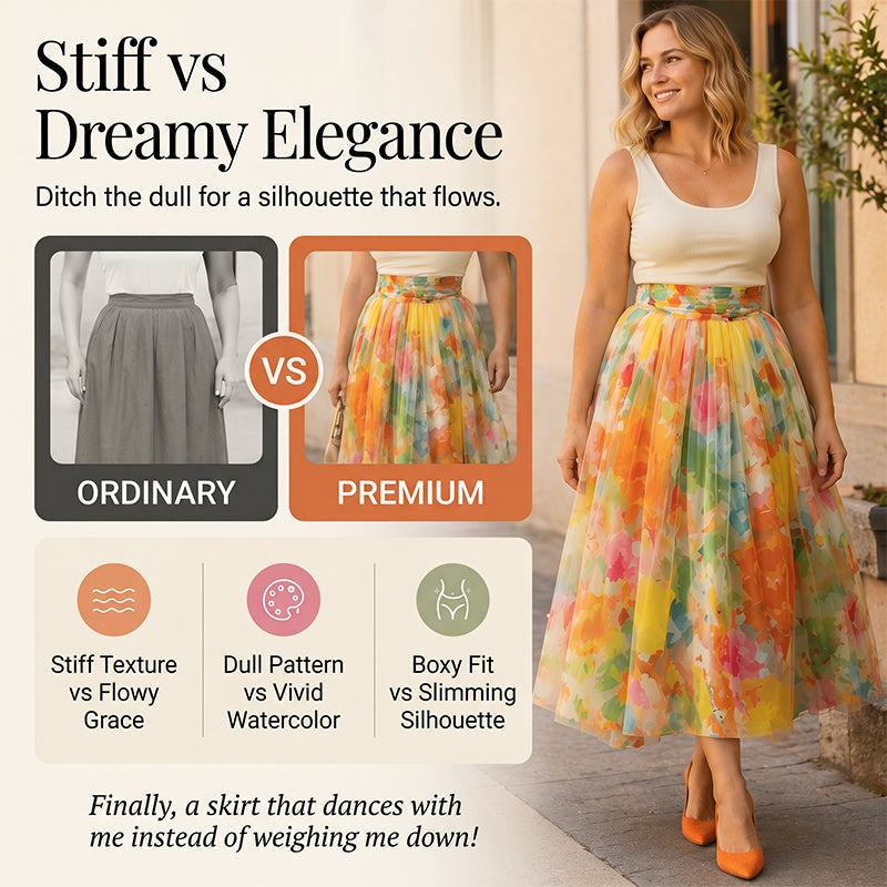 ✨👗Saia midi de tule com estampado floral em aquarela para mulher