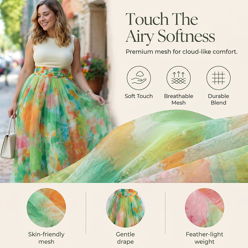 ✨👗Saia midi de tule com estampado floral em aquarela para mulher