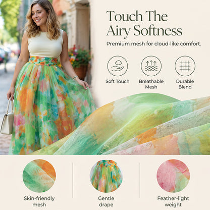 ✨👗Saia midi de tule com estampado floral em aquarela para mulher