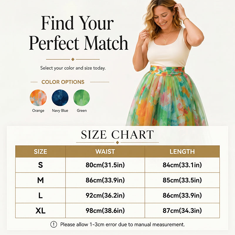 ✨👗Saia midi de tule com estampado floral em aquarela para mulher