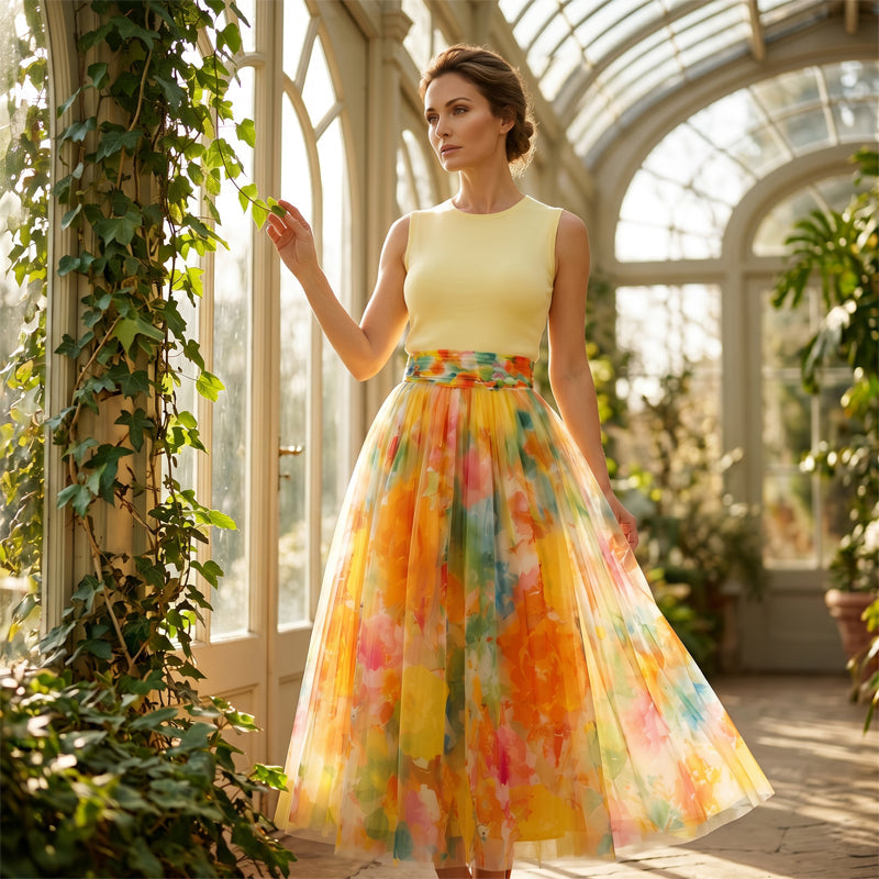 ✨👗Saia midi de tule com estampado floral em aquarela para mulher